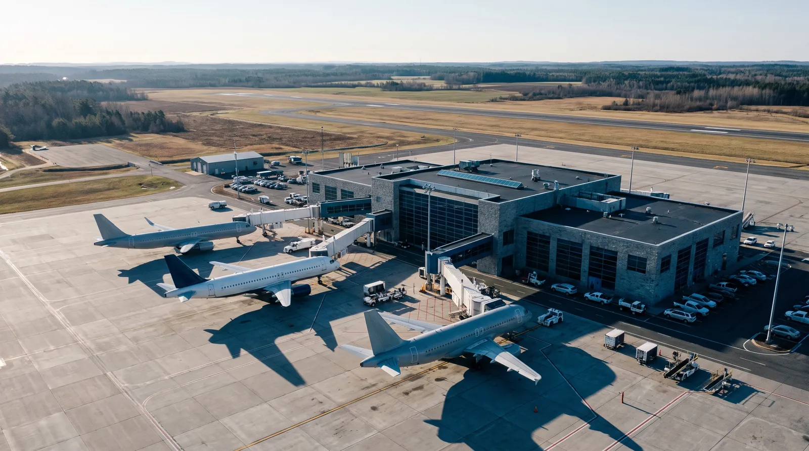 Terminal de un aeropuerto regional con la plataforma y dos aviones estacionados sin marcas, en una mañana despejada.