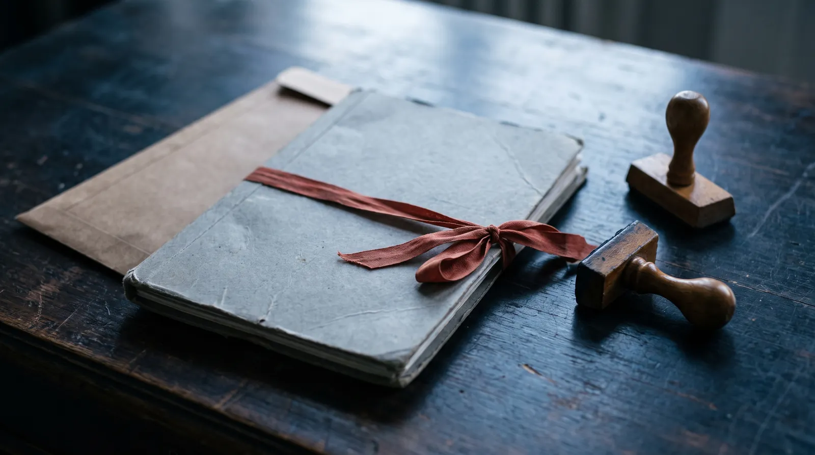 Carpeta de expediente atada con cinta roja, un sobre cerrado y dos sellos de caucho sobre un escritorio oscuro.